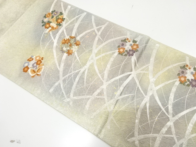 JAPANESE KIMONO / ANTIQUE FUKURO OBI / SILK / GRASS & FLORAL ROUNDEL CREST & BUTTERFLY